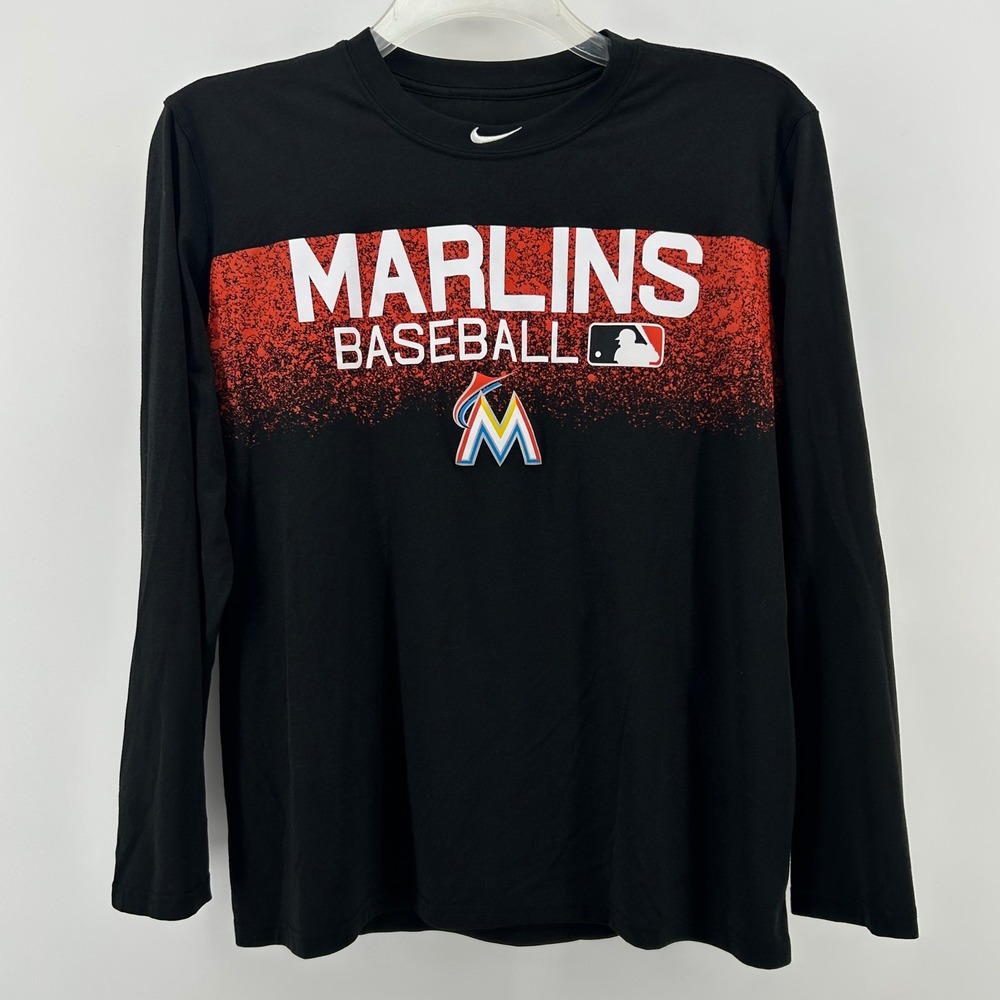 Nike Miami Marlins Baseball Shirt Mens Large Black Dri-FIT Long Sleeve